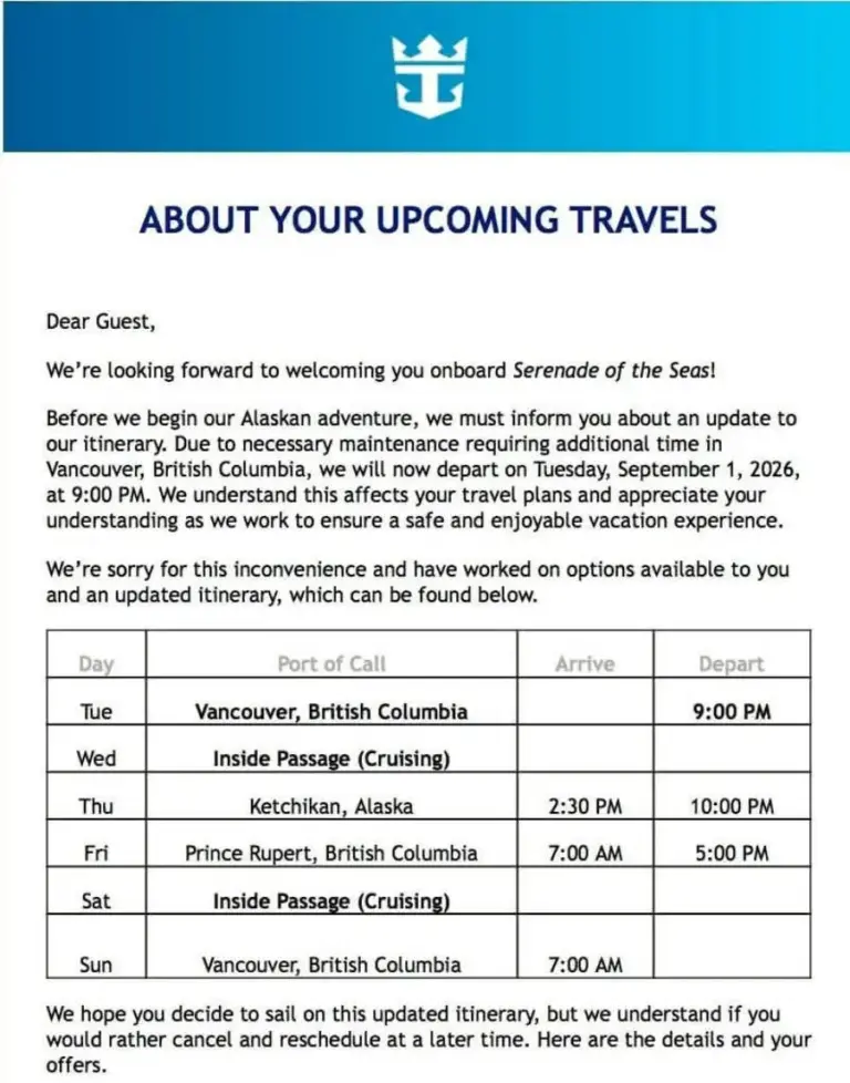 Royal Caribbean’s Serenade of the Seas Stifled by Urgent Maintenance in Vancouver, Derailing Alaska Itinerary