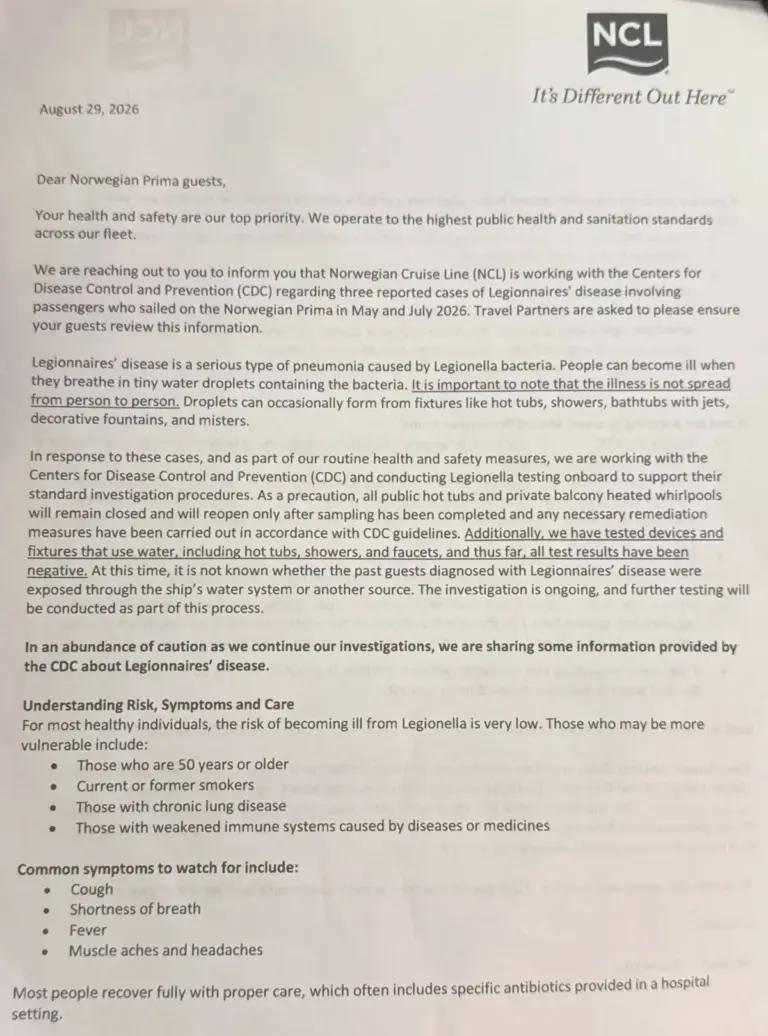 Health Alert Issued Aboard Norwegian Prima Amid CDC Investigation Into Legionnaires’ Disease Cases