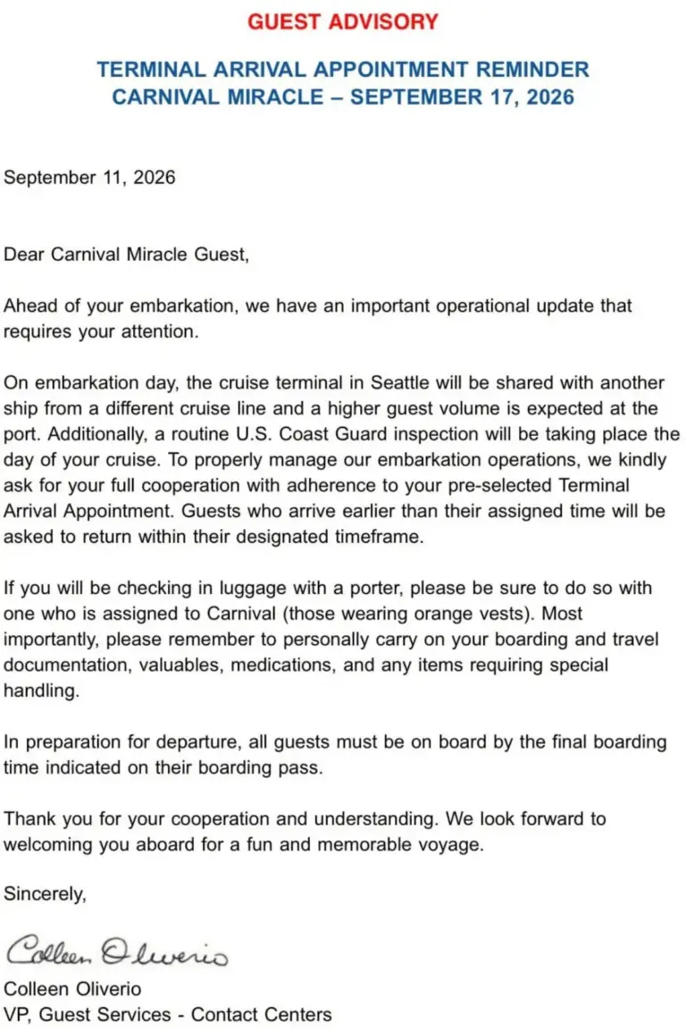Navigating Terminal Congestion: Carnival Cruise Line Issues Strict Port Advisory for Upcoming Carnival Miracle Seattle Departure